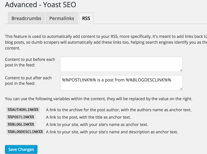 Yoast RSS feature