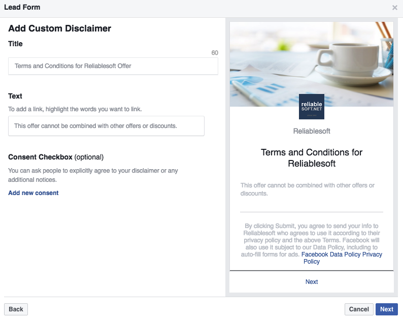 Facebook Lead ads custom disclaimer