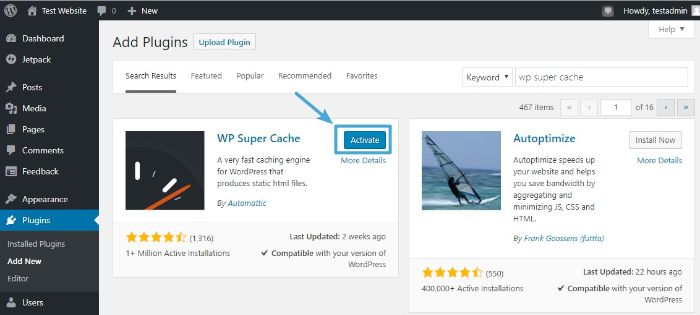 Activate WordPress Wp Super Cache plugin