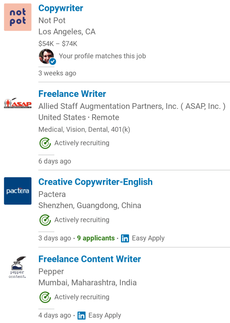 linkedin jobs example for copywriter